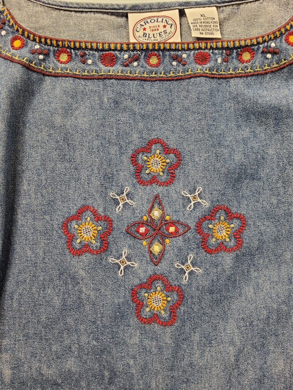 Carolina Blues Embroidered Denim Tank Top - Blue with Multicolor Floral Trim - Picture 7 of 11